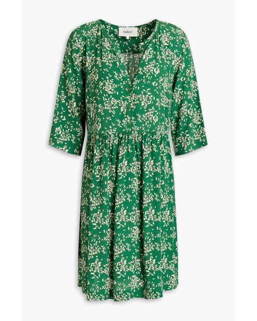 Ba&sh Green Gathered Floral-print Crepe Mini Dress