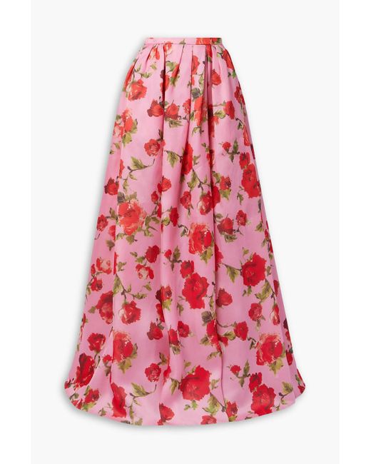 Carolina Herrera Red Pleated Floral-print Silk-organza Maxi Skirt