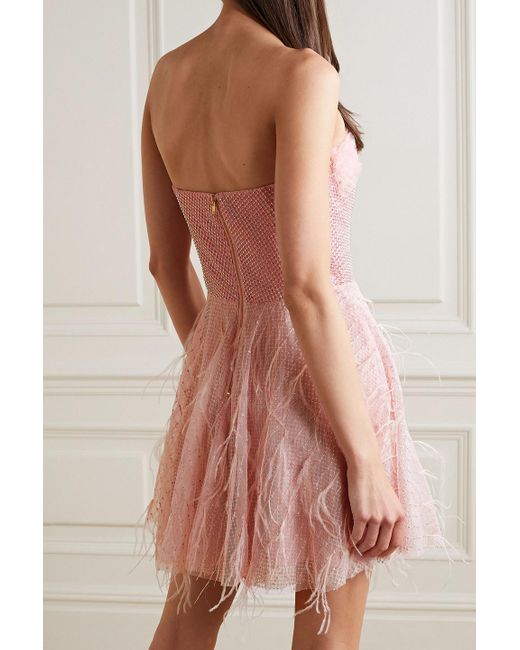 LoveShackFancy Pink Marvella trägerloses minikleid aus tüll mit federn