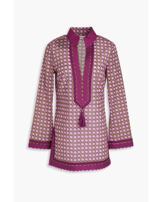 Tory Burch Purple Tasseled Printed Cotton-voile Tunic