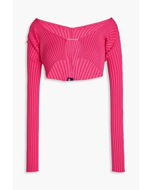 Jacquemus Pink Pralù Cropped Embellished Ribbed-Knit Top