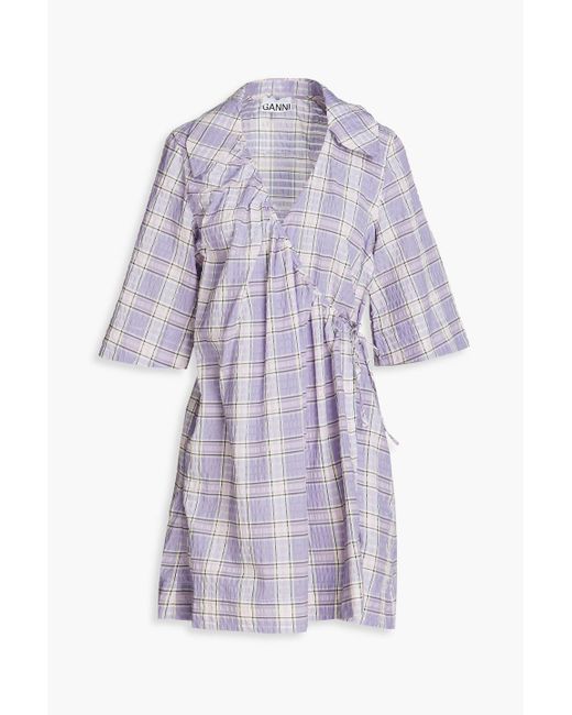 Ganni Purple Checked Cotton-blend Seersucker Mini Wrap Dress