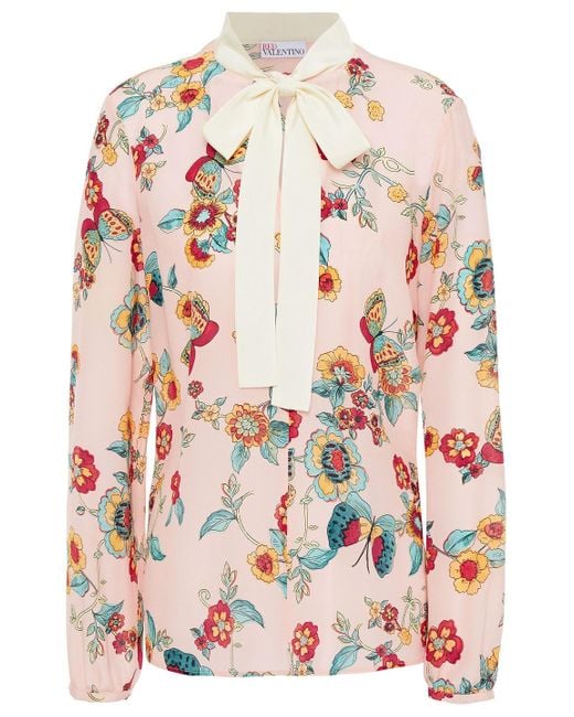 RED Valentino Pink Pussy-bow Floral-print Silk Crepe De Chine Blouse
