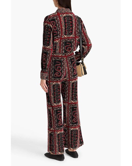 Farm Rio Red Pleated Printed Satin Wide-leg Pants