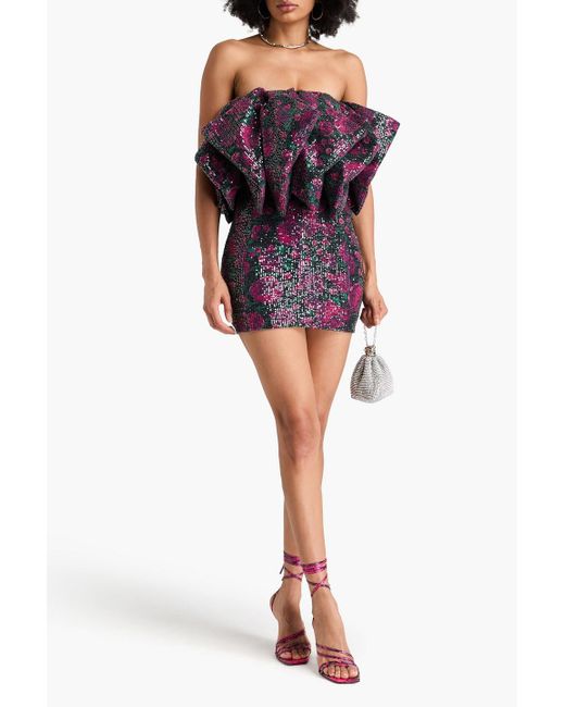 ROTATE BIRGER CHRISTENSEN Purple Floral-print Sequined Tulle Strapless Mini Dress