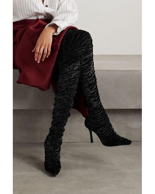 Jimmy Choo Black Lotta 100 Ruched Crushed-Velvet Over-The-Knee Boots