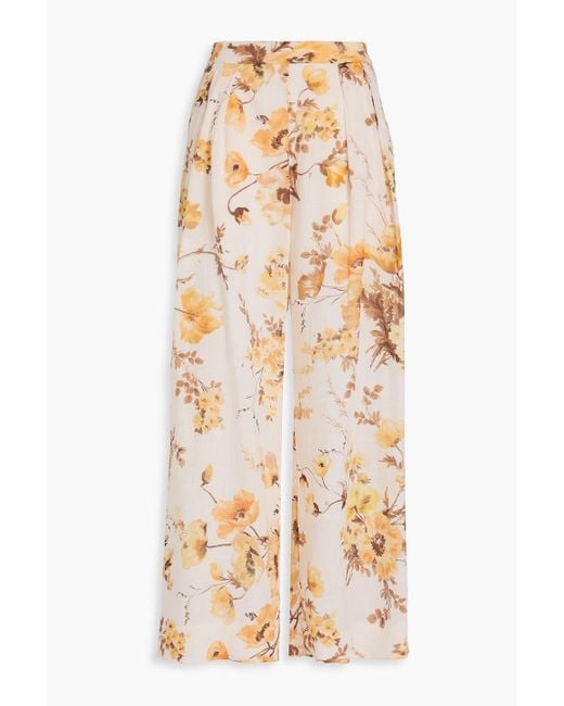 Zimmermann Natural Pleated Floral-Print Ramie Wide-Leg Pants