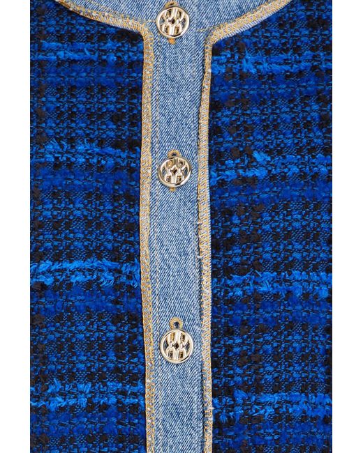 Sandro Blue Asti Denim-trimmed Cotton-blend Bouclé-tweed Jacket