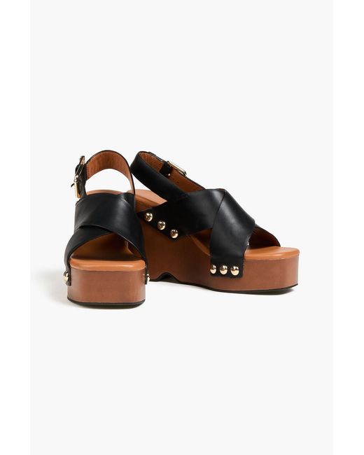 Maje Black Embellished Leather Wedge Slingback Sandals