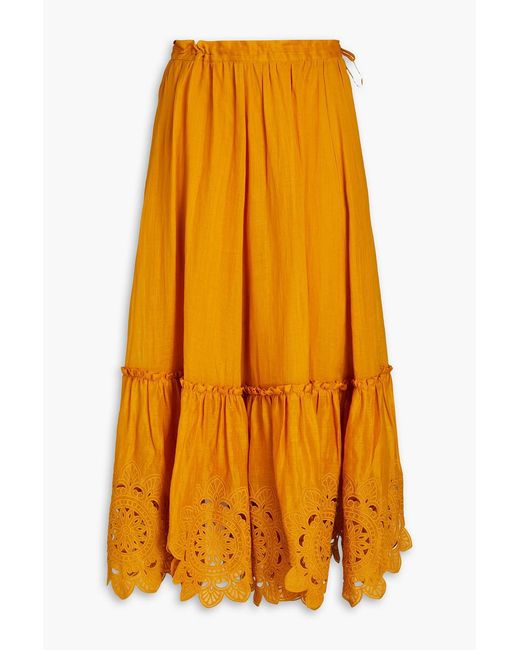 Zimmermann Orange Embroidered Ruffle-trimmed Ramie Wrap Skirt
