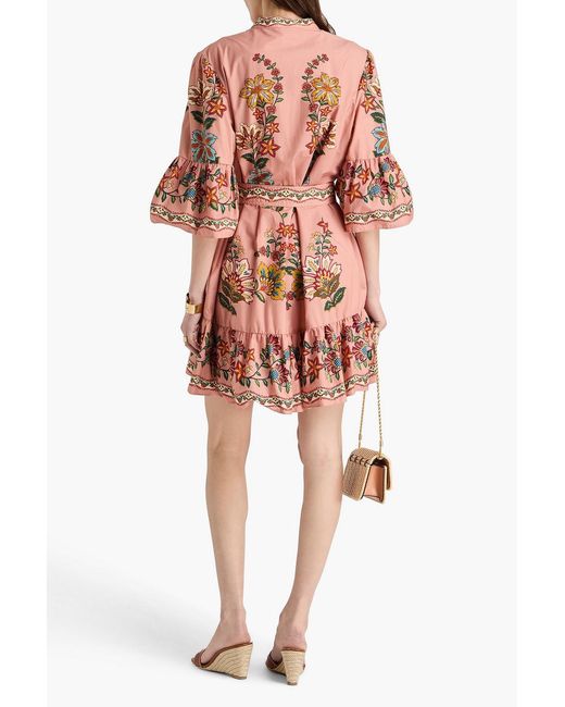 Farm Rio Pink Belted Floral-print Cotton-poplin Mini Dress