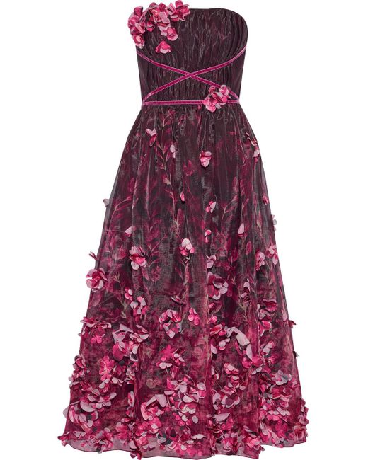 Marchesa notte Purple Strapless Floral-appliquéd Printed Organza Midi Dress Plum
