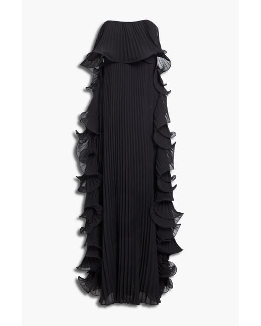 Badgley Mischka Black Strapless Ruffled Chiffon Gown