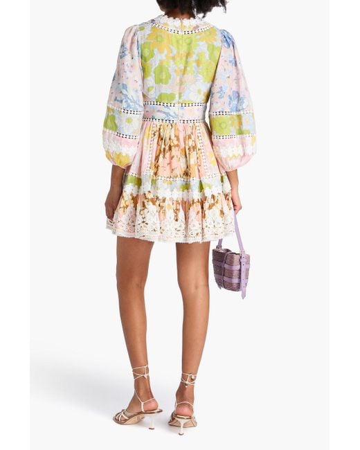 Zimmermann White Crocheted Lace-Trimmed Floral-Print Linen Mini Dress
