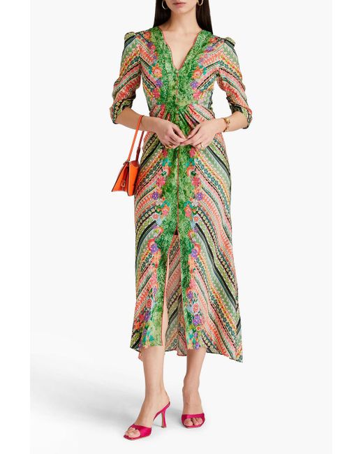 Saloni Green Mitsu Ruched Printed Silk-satin Jacquard Maxi Dress