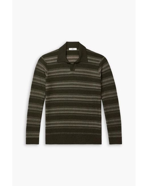Mr P. Green Striped Ribbed Merino Wool Polo Sweater for men