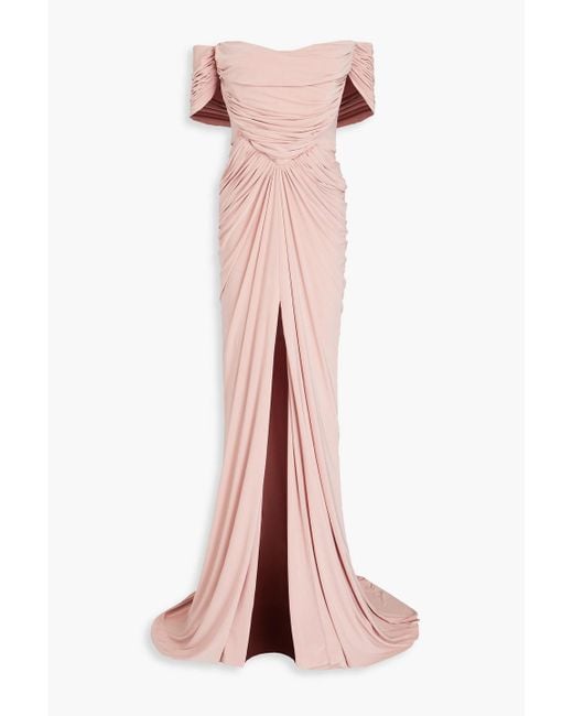 Rhea Costa Pink Off-the-shoulder Draped Satin-jersey Gown