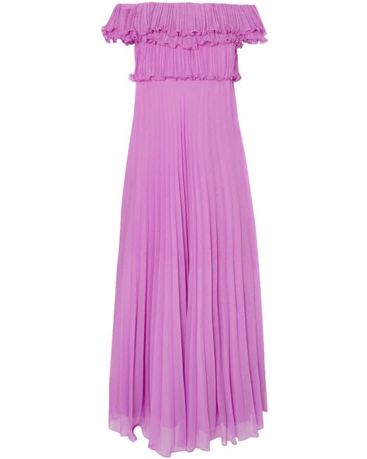 Halston Heritage Purple Off-the-shoulder Plissé-georgette Gown