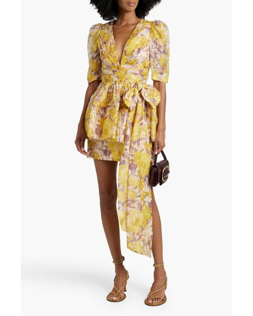Zimmermann Yellow Bow-detailed Floral-print Linen And Silk-blend Mini Dress