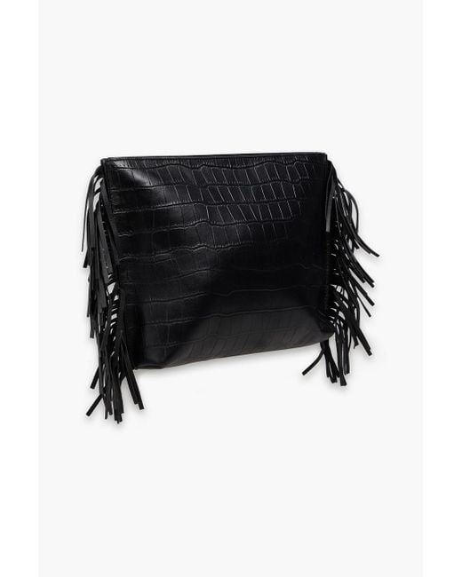 Maje Black Fringed Croc-effect Leather Pouch