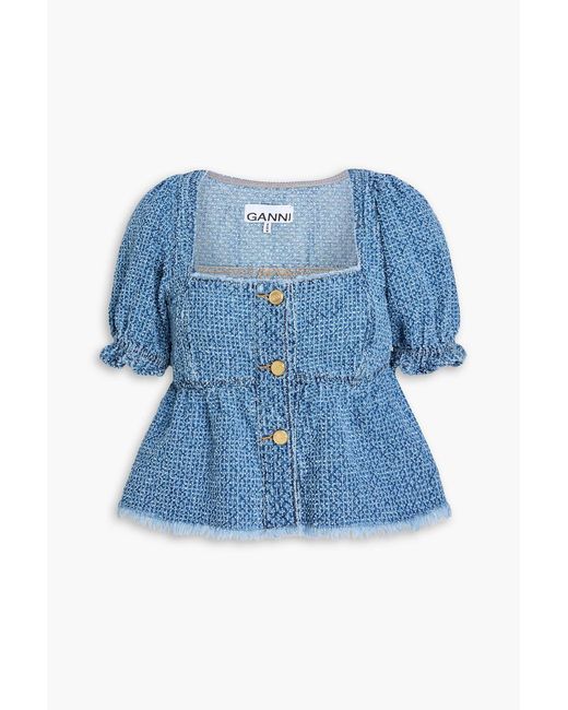 Ganni Blue Frayed Denim Top