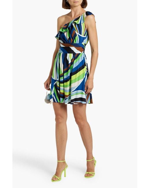 Emilio Pucci Blue One-shoulder Ruffled Printed Stretch-jersey Mini Dress