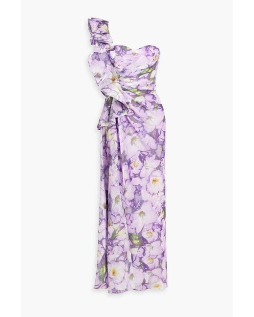 Badgley Mischka Purple One-Shoulder Ruffled Floral-Print Crepon Maxi Dress