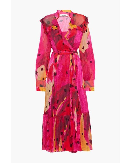 Diane von Furstenberg Pink Meredith midikleid aus bedrucktem krepon mit rüschenbesatz und wickeleffekt