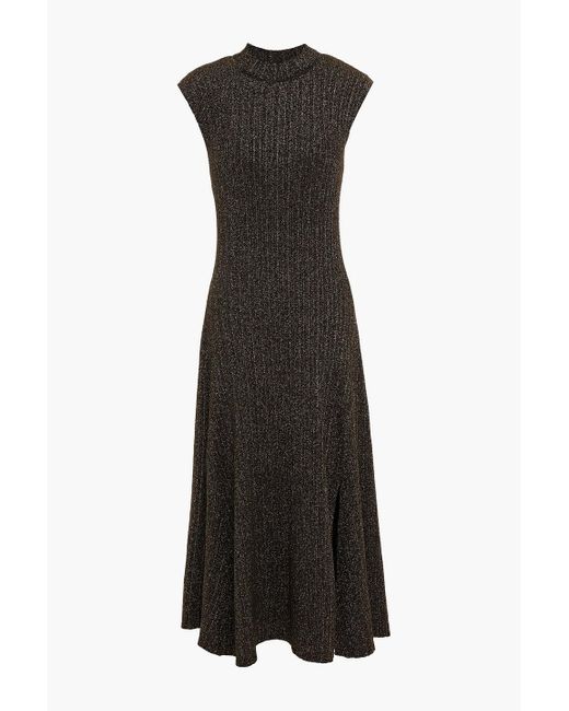Maje Black Rosette Metallic Ribbed-knit Midi Dress