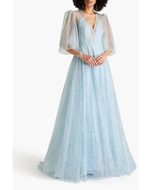 Costarellos Blue Glittered Tulle Gown