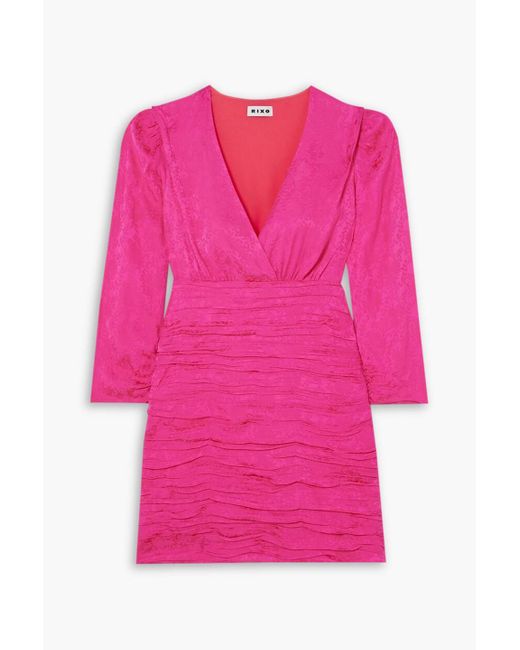 Rixo Pink Golden minikleid aus glänzendem jacquard mit raffungen