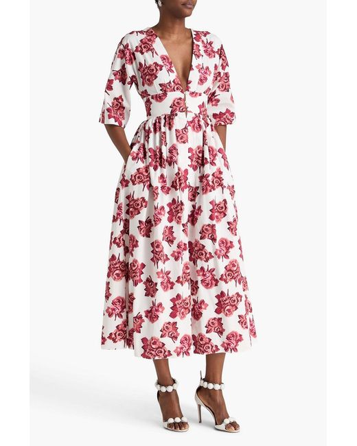 Emilia Wickstead Red Elowen Pleated Floral-print Cotton-poplin Midi Dress