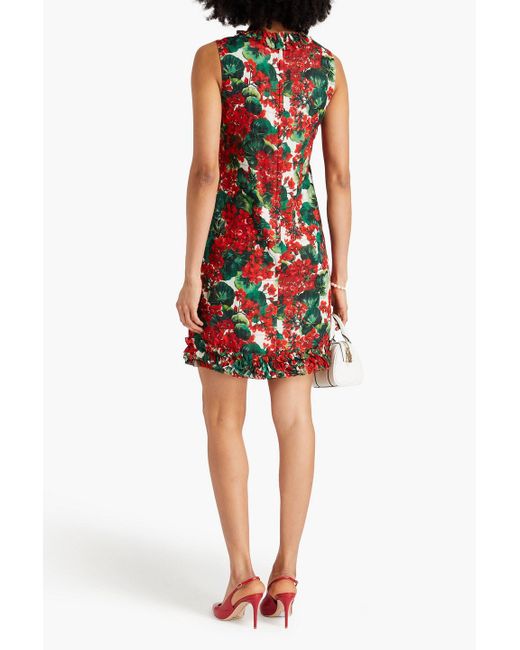 Dolce & Gabbana Red Ruffled Floral-print Silk-blend Mini Dress