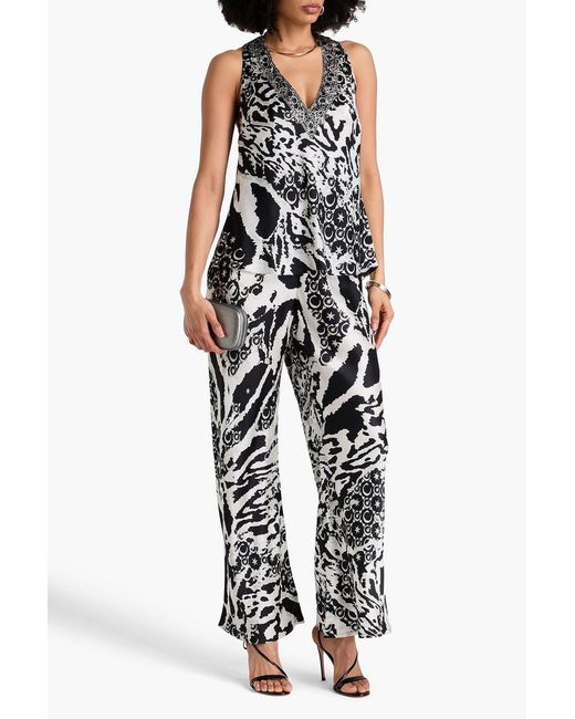 Camilla Black Crystal-embellished Printed Silk-satin Top