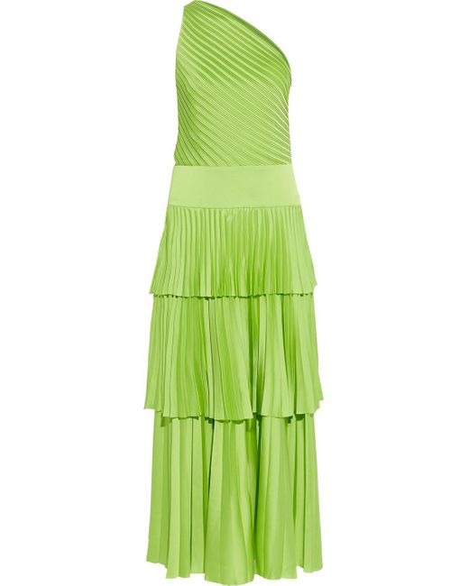 Solace London Green Larissa One-shoulder Tiered Plissé-satin Maxi Dress