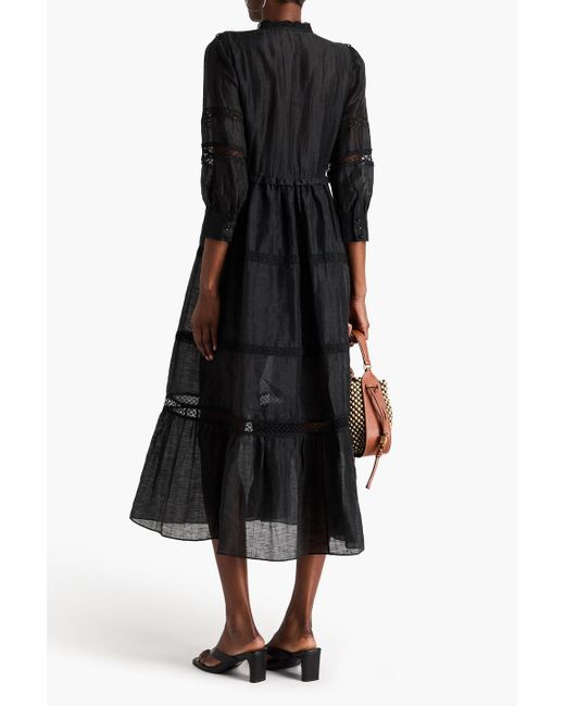 Sandro Black Tiered Linen-blend Gauze Midi Dress