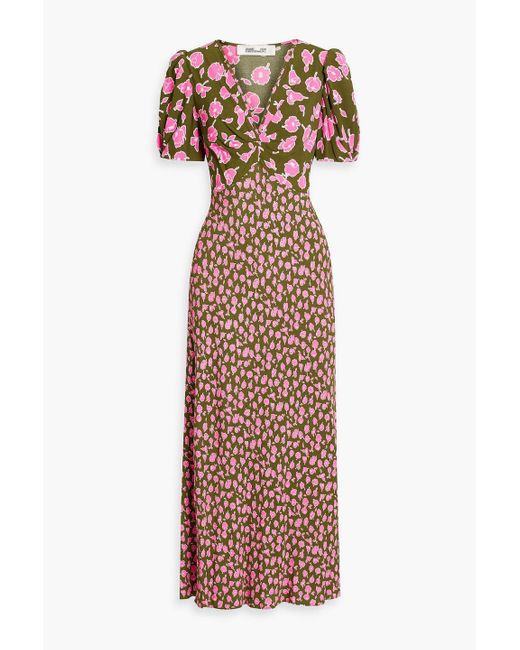 Diane von Furstenberg Green Margeaux Draped Floral-Print Crepe Maxi Dress