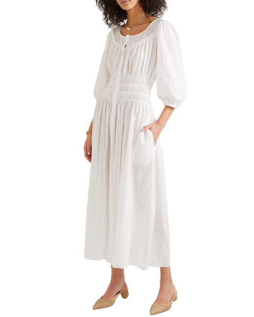 Three Graces London White Arabella Shirred Cotton-gauze Midi Dress