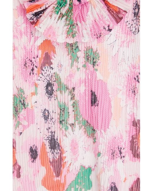 Ganni Pink Ruffled Floral-Print Plissé-Georgette Mini Dress