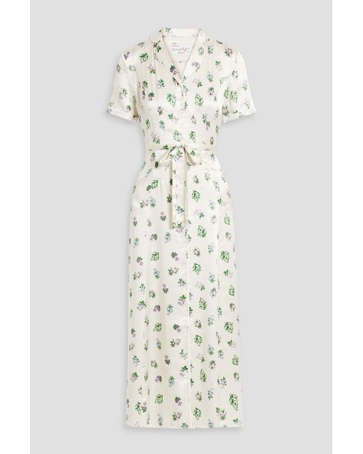 HVN White Maria Floral-print Silk-satin Midi Shirt Dress