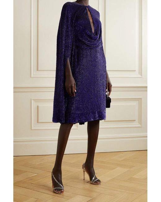 Reem Acra Blue Cape-effect Cutout Draped Sequined Tulle Dress