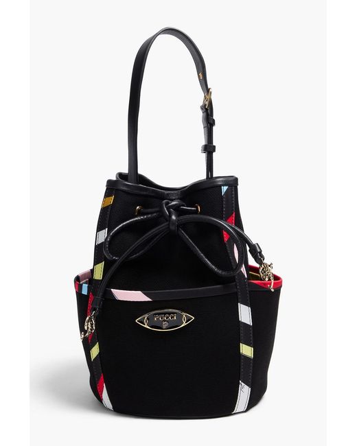 Emilio Pucci Black Printed Leather-Trimmed Cotton Bucket Bag
