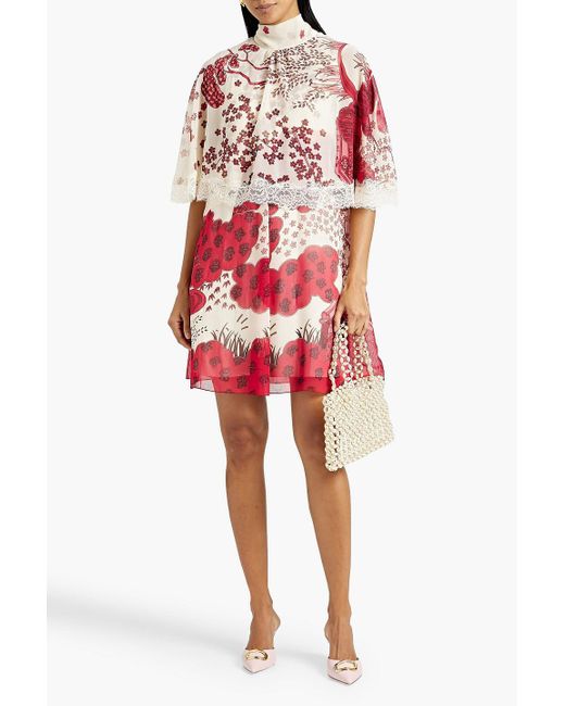 RED Valentino Red Lace-trimmed Printed Chiffon Mini Dress