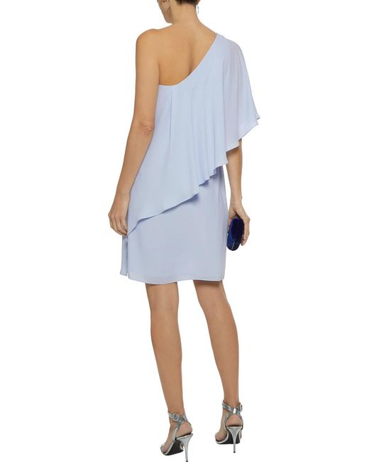 Halston Heritage Blue One-Shoulder Layered Crepe De Chine Mini Dress