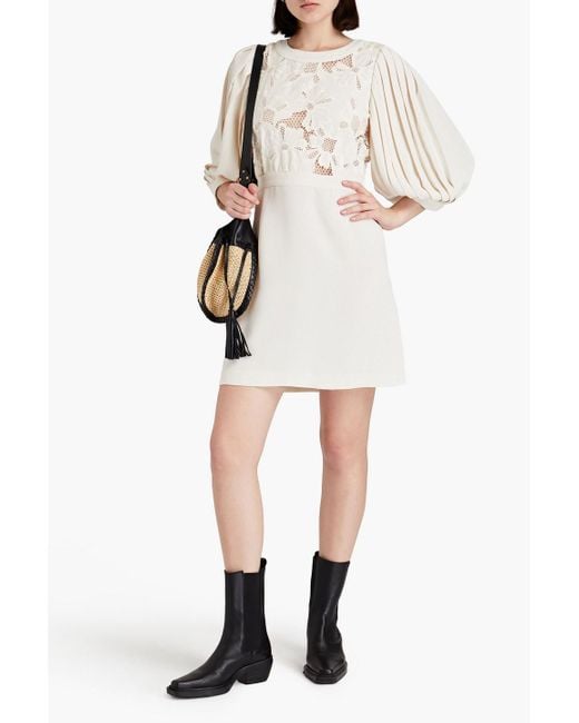 See By Chloé Natural Broderie Anglaise-paneled Crepe Mini Dress