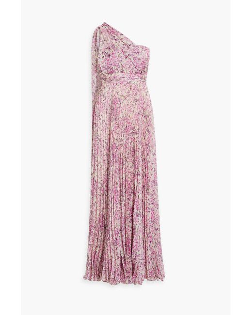 Mikael Aghal Pink One-shoulder Floral-print Plissé-chiffon Maxi Dress