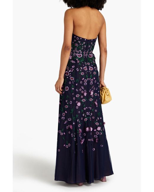Marchesa Blue Embroidered Tulle-paneled Chiffon Gown