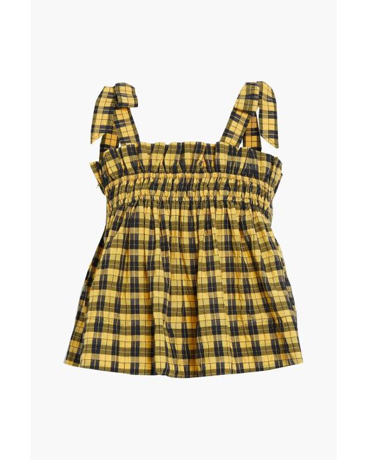 Ganni Yellow Shirred Checked Cotton-blend Top