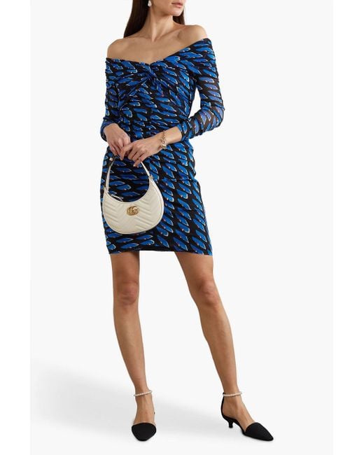 Diane von Furstenberg Blue Ganesa Off-the-shoulder Printed Stretch-mesh Mini Dress