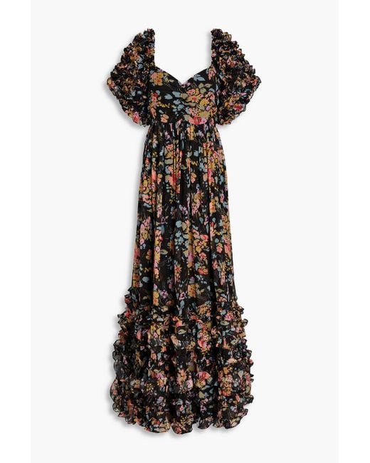 byTiMo Black Ruffled Floral-print Chiffon Maxi Dress